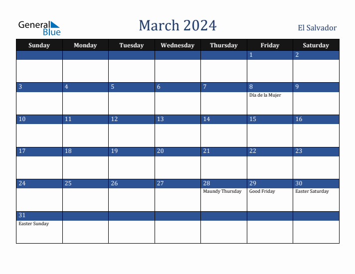 March 2024 El Salvador Calendar (Sunday Start)