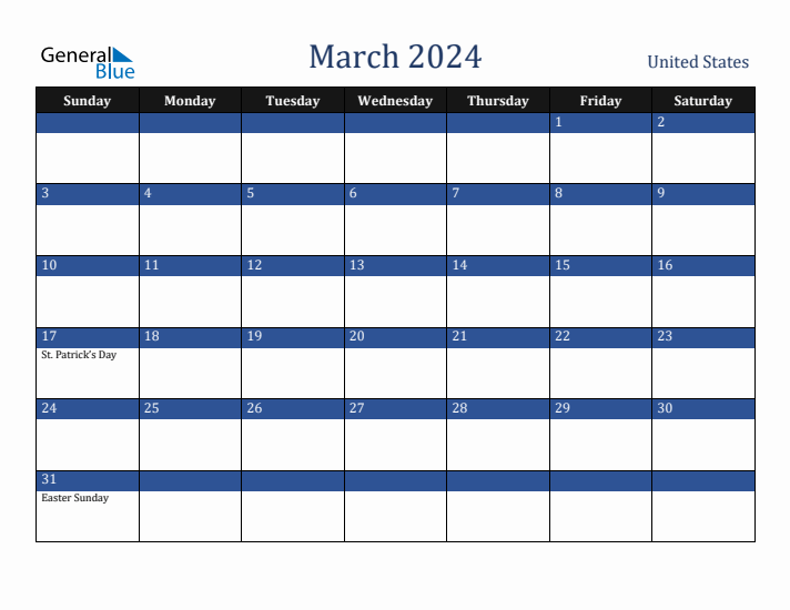 March 2024 United States Calendar (Sunday Start)
