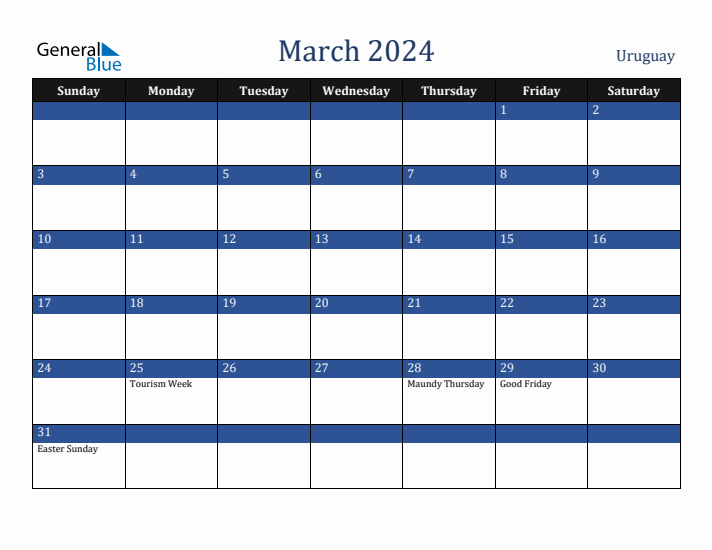 March 2024 Uruguay Calendar (Sunday Start)
