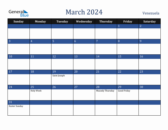 March 2024 Venezuela Calendar (Sunday Start)