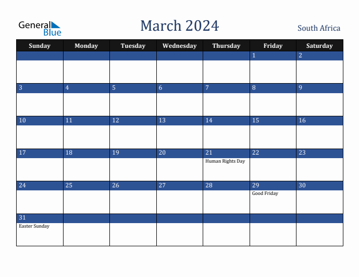 March 2024 South Africa Calendar (Sunday Start)
