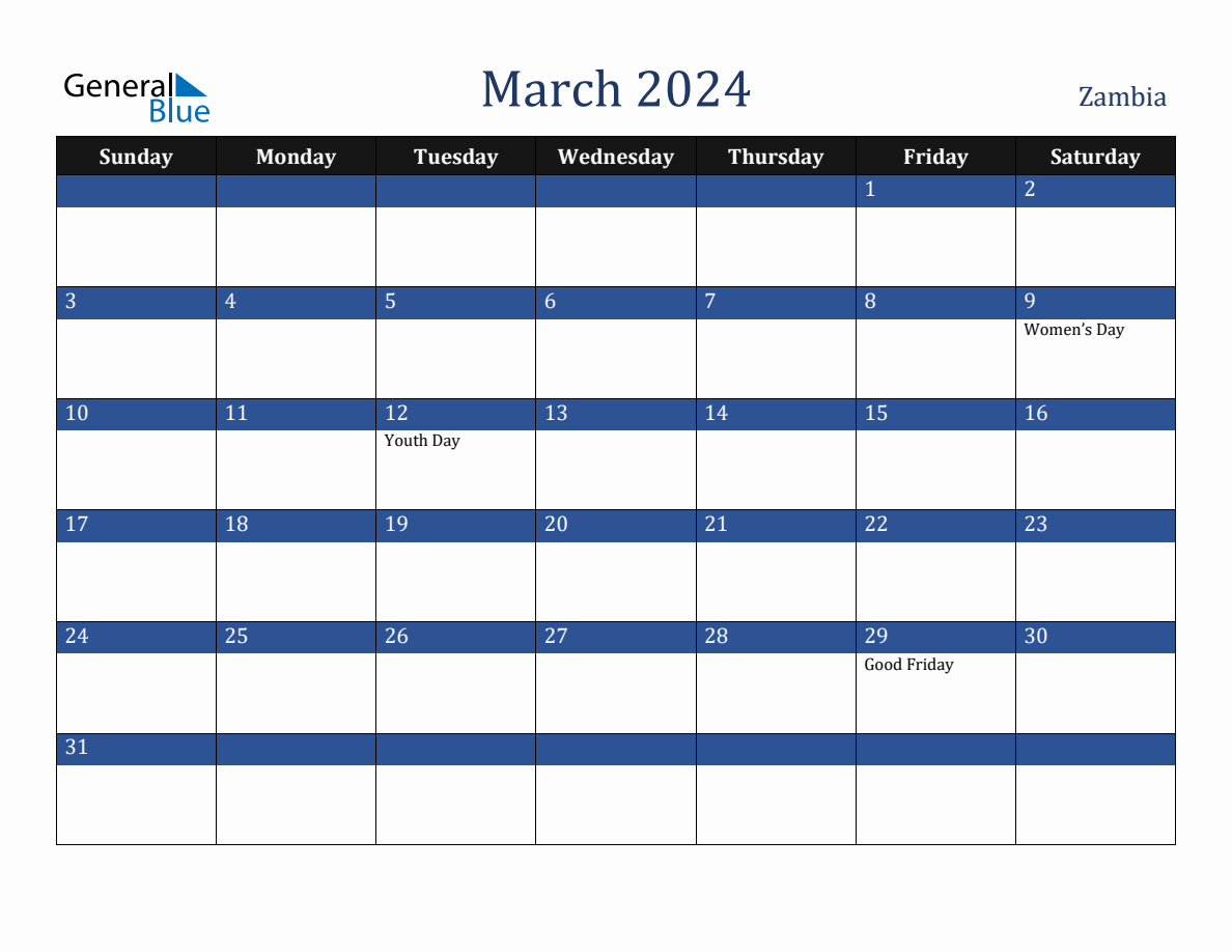 March 2024 Zambia Holiday Calendar