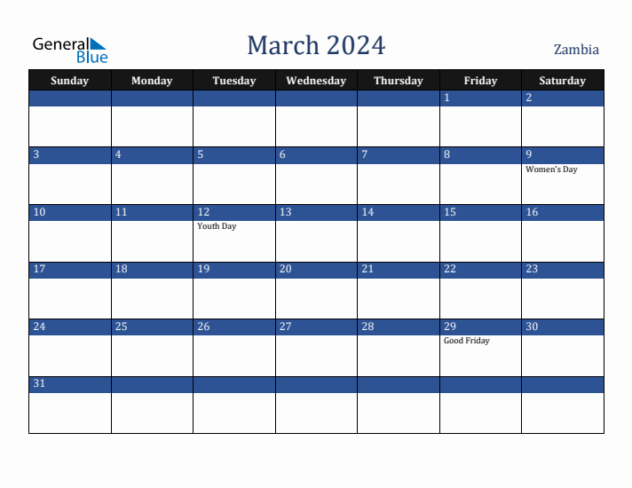 March 2024 Zambia Calendar (Sunday Start)