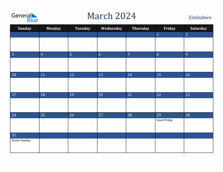 March 2024 Monthly Calendar with Zimbabwe Holidays