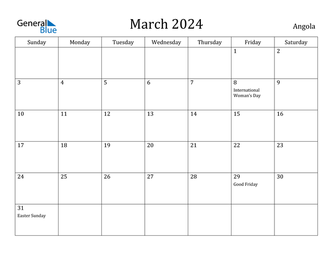 Angola March 2024 Calendar with Holidays