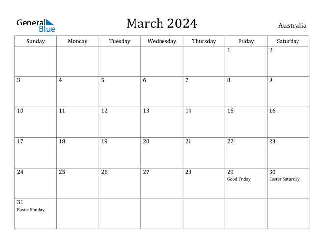 March 2024 Calendar Australia