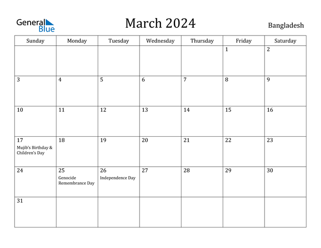 March 2024 Calendar Bangladesh