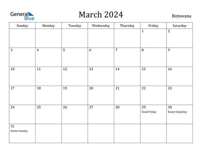 March 2024 Calendar Botswana