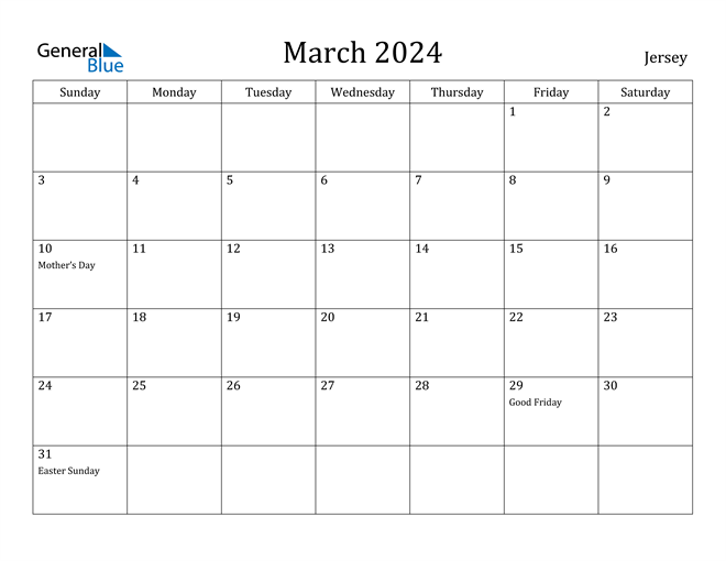 March 2024 Calendar Jersey