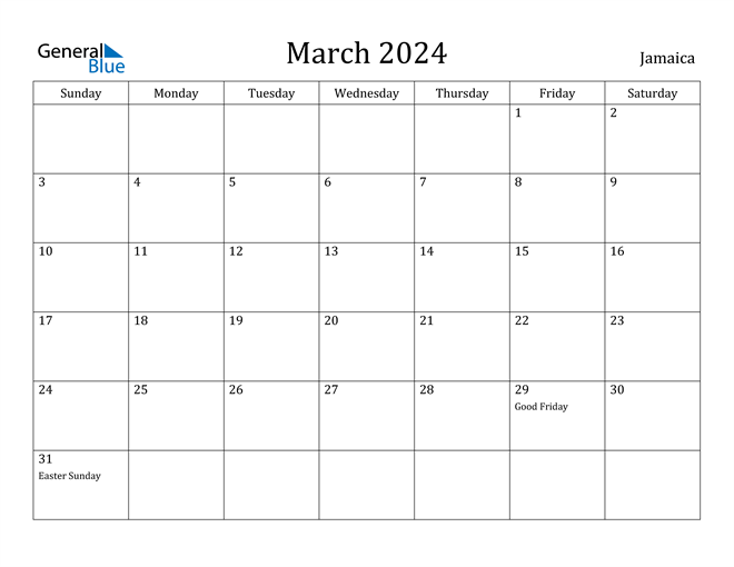 March 2024 Calendar with Jamaica Holidays