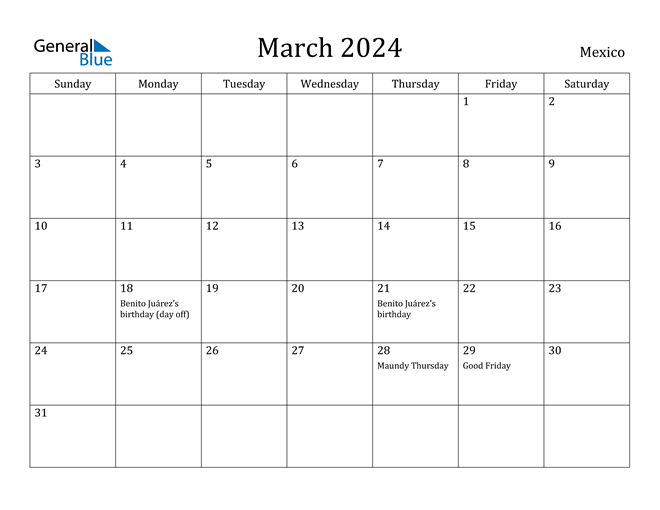 March 2024 Calendar Mexico