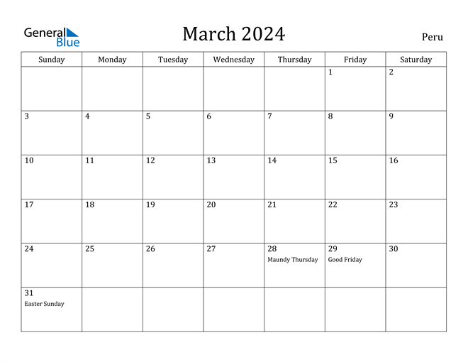Peru March 2024 Calendar with Holidays