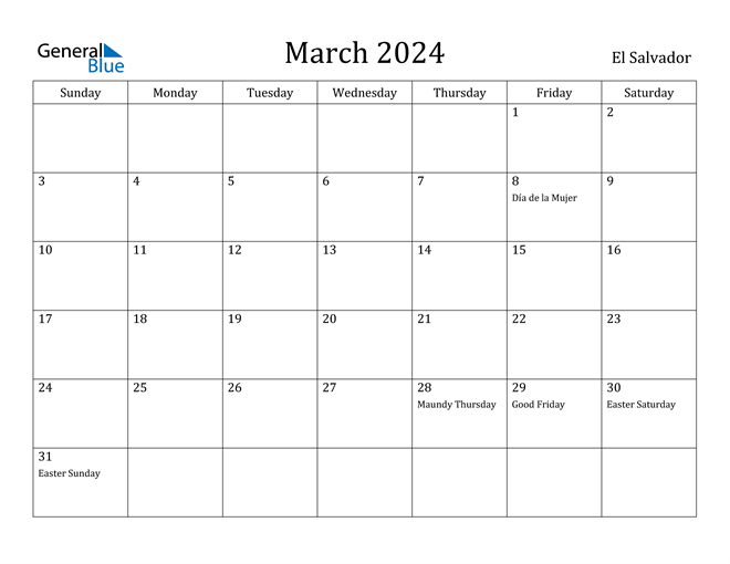 El Salvador March 2024 Calendar with Holidays
