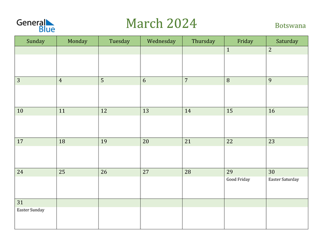 March 2024 Calendar with Botswana Holidays