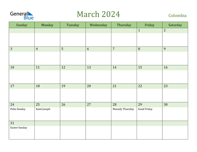 March 2024 Calendar with Colombia Holidays