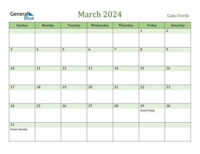 March 2024 Calendar with Cabo Verde Holidays
