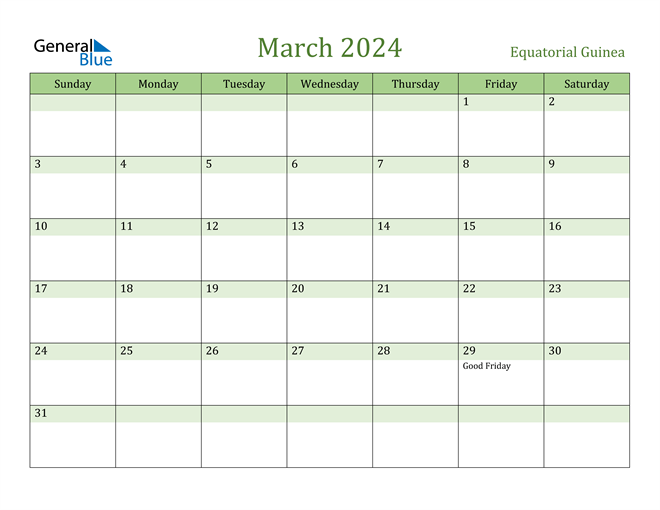 March 2024 Calendar with Equatorial Guinea Holidays