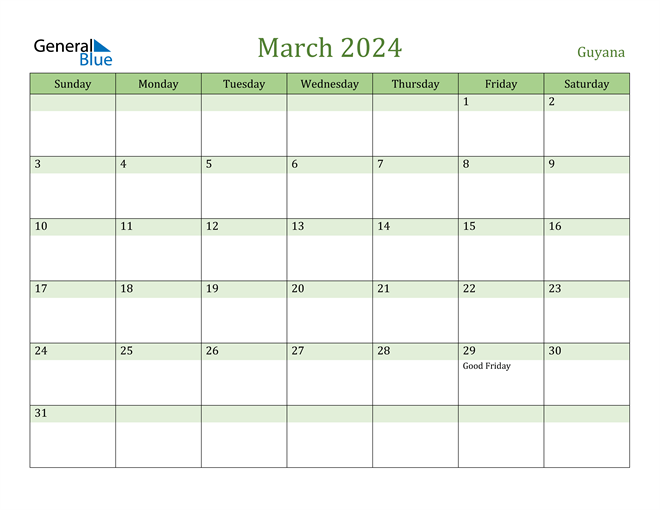 Guyana March 2024 Calendar with Holidays