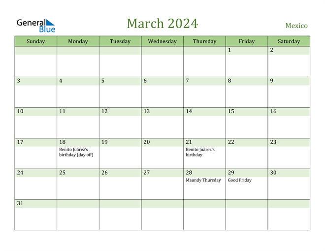 March 2024 Calendar with Mexico Holidays