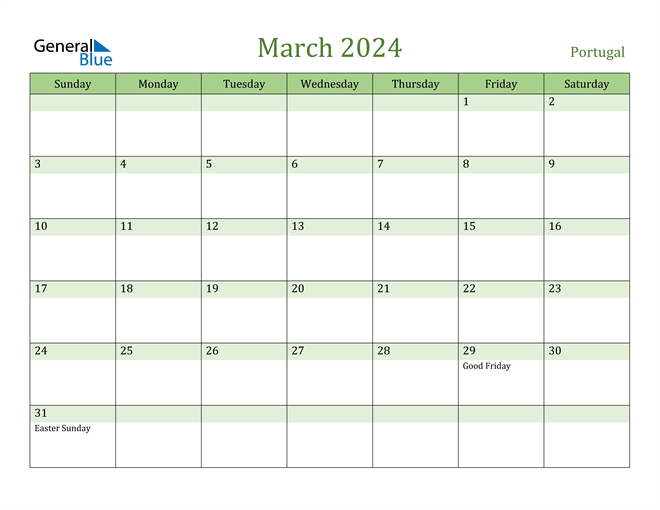 Portugal March 2024 Calendar with Holidays