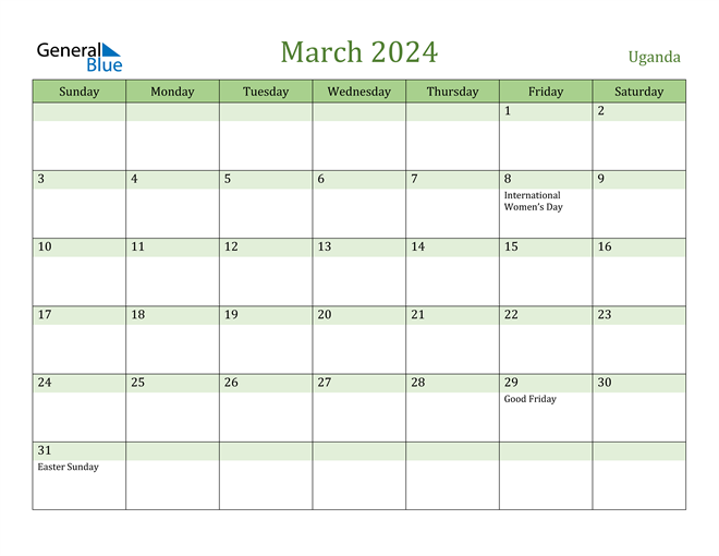 Uganda March 2024 Calendar with Holidays