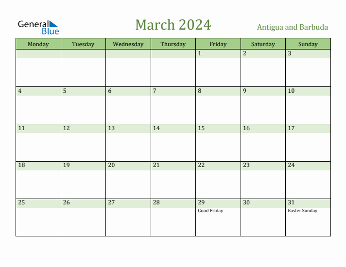 March 2024 Calendar with Antigua and Barbuda Holidays