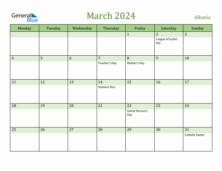 March 2024 Calendar with Albania Holidays