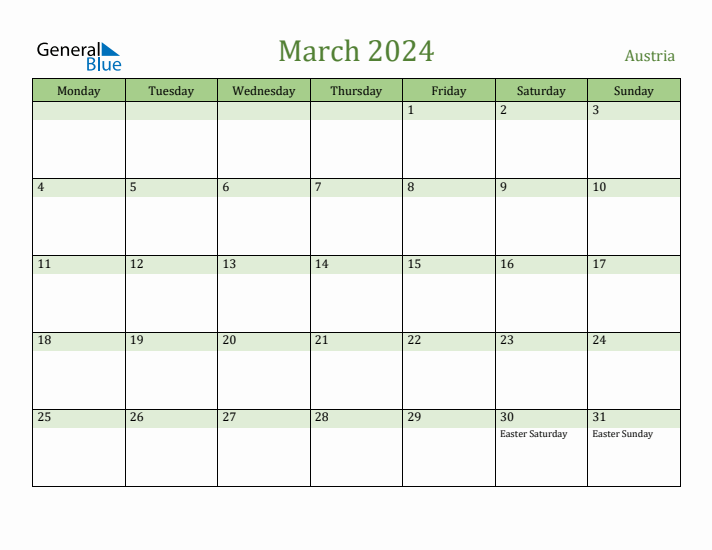 March 2024 Calendar with Austria Holidays