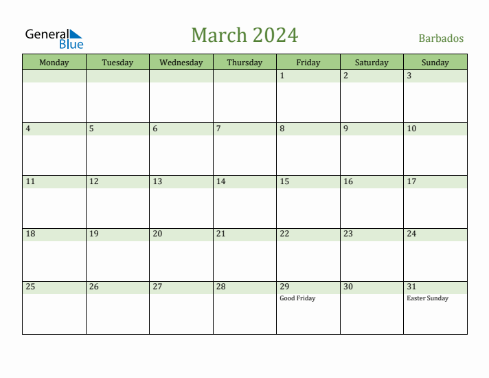 Fillable Holiday Calendar for Barbados March 2024