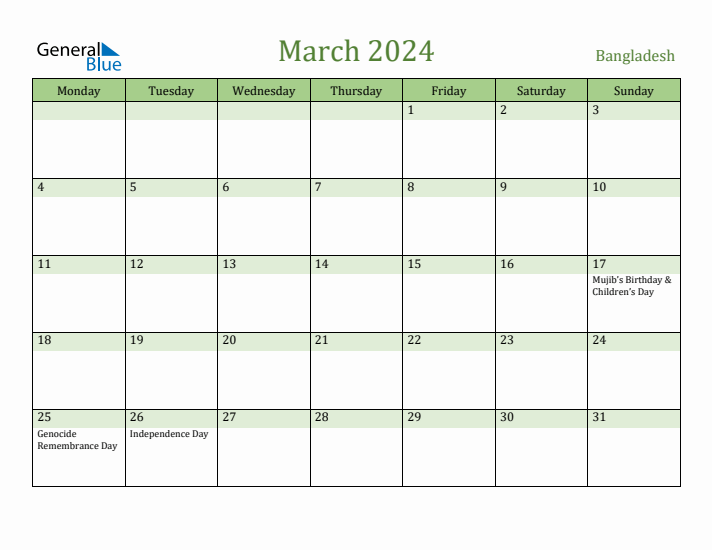 March 2024 Calendar with Bangladesh Holidays
