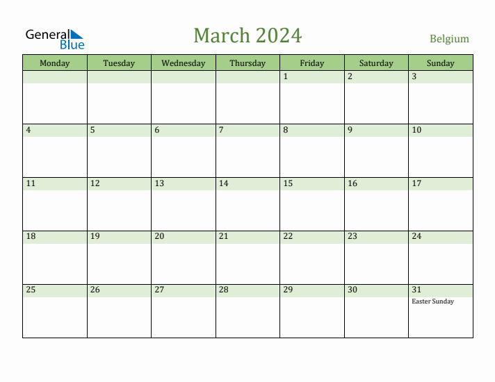 March 2024 Calendar with Belgium Holidays