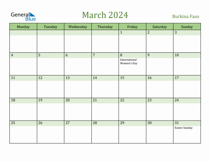 March 2024 Calendar with Burkina Faso Holidays