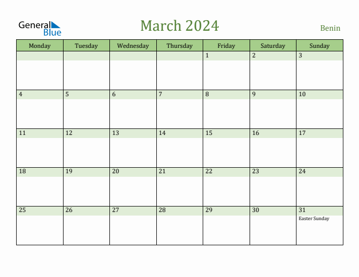 March 2024 Calendar with Benin Holidays