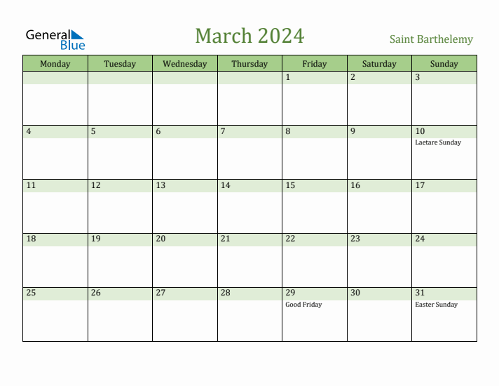 March 2024 Calendar with Saint Barthelemy Holidays