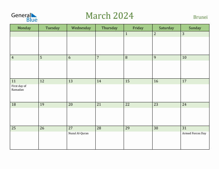 March 2024 Calendar with Brunei Holidays