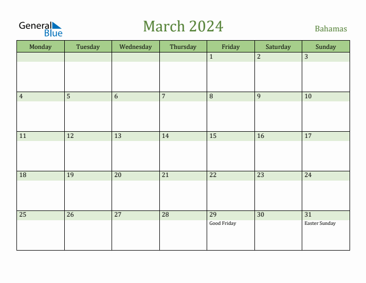 March 2024 Calendar with Bahamas Holidays