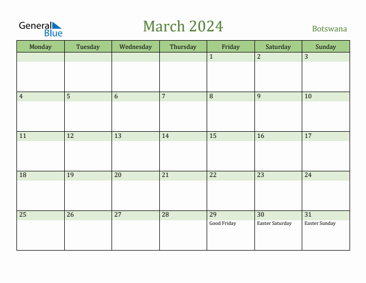 March 2024 Calendar with Botswana Holidays