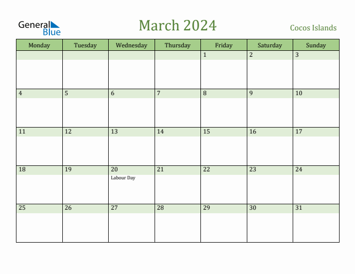 March 2024 Calendar with Cocos Islands Holidays