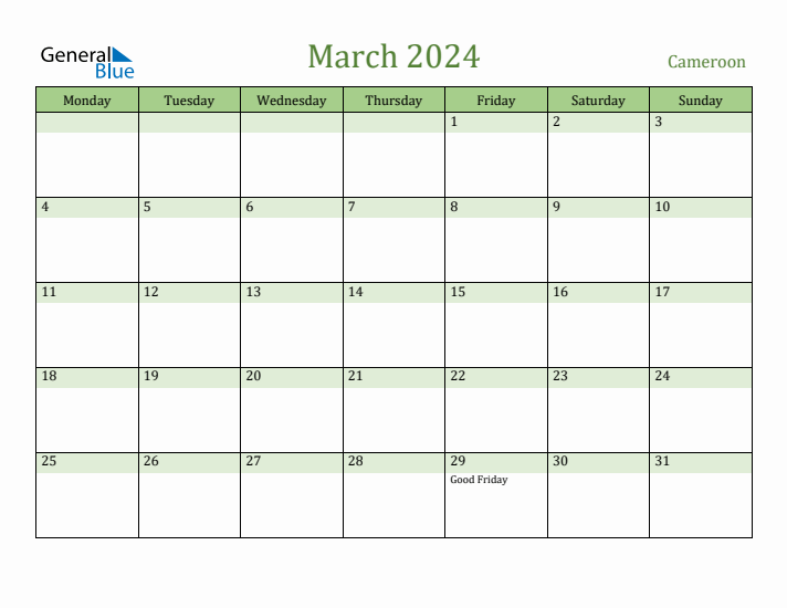 March 2024 Calendar with Cameroon Holidays