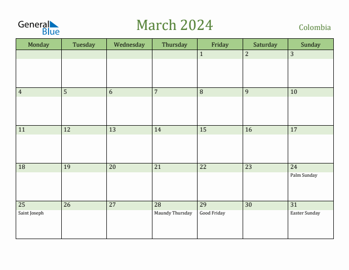 March 2024 Calendar with Colombia Holidays
