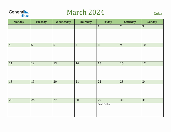 March 2024 Calendar with Cuba Holidays