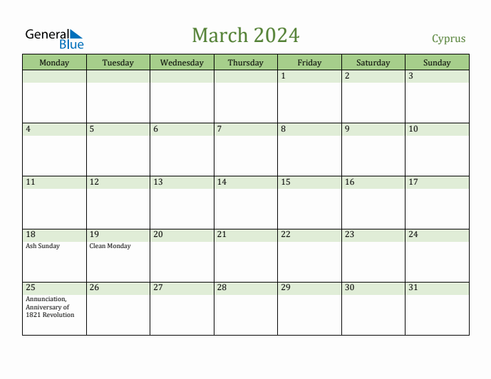 March 2024 Cyprus Monthly Calendar with Holidays