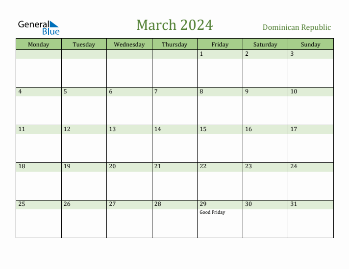 March 2024 Calendar with Dominican Republic Holidays
