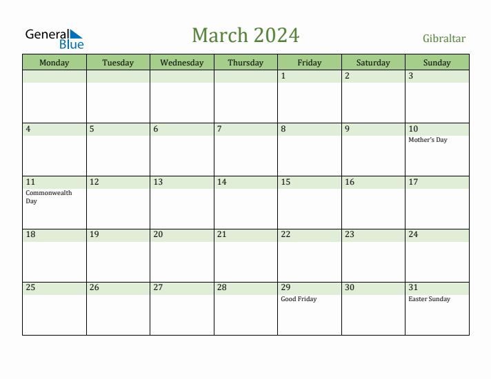March 2024 Calendar with Gibraltar Holidays