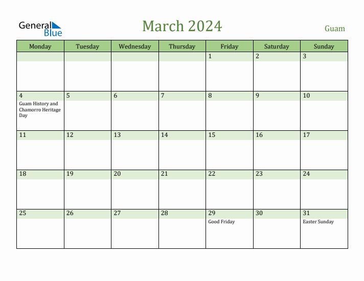 March 2024 Calendar with Guam Holidays