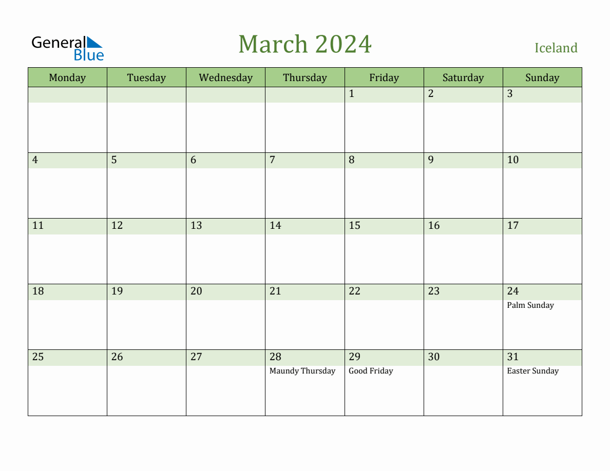 Fillable Holiday Calendar for Iceland March 2024