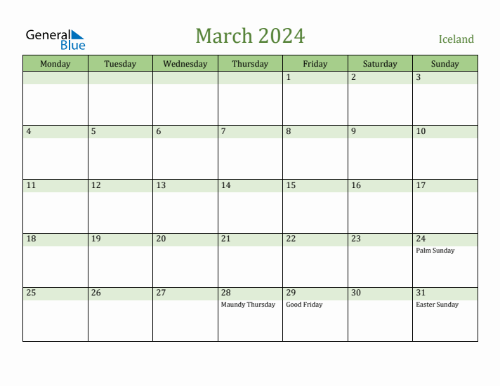 March 2024 Calendar with Iceland Holidays
