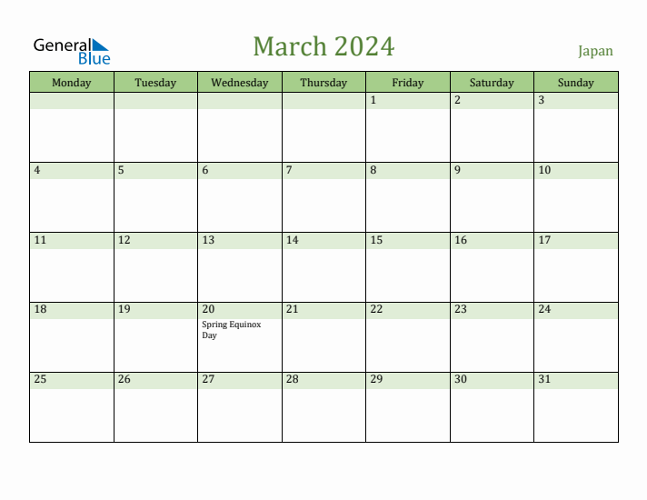 March 2024 Japan Monthly Calendar with Holidays