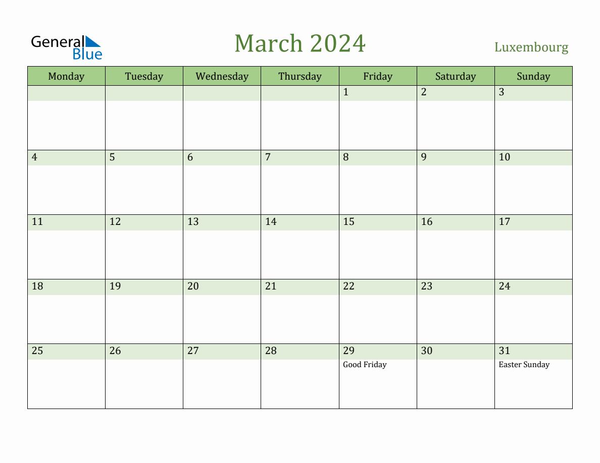 Fillable Holiday Calendar for Luxembourg March 2024