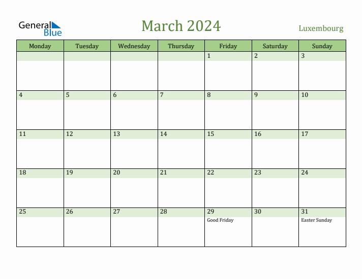 March 2024 Calendar with Luxembourg Holidays